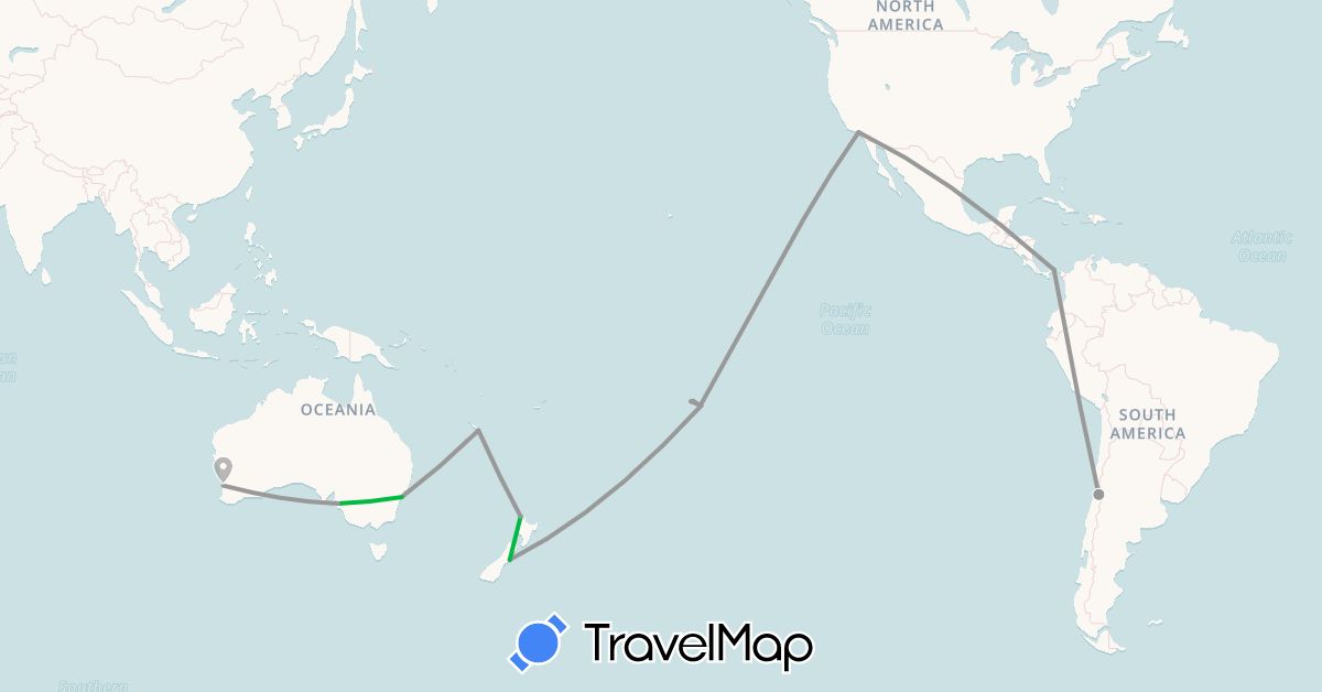 TravelMap itinerary: driving, bus, plane in Australia, Chile, New Caledonia, New Zealand, Panama, French Polynesia, United States (North America, Oceania, South America)